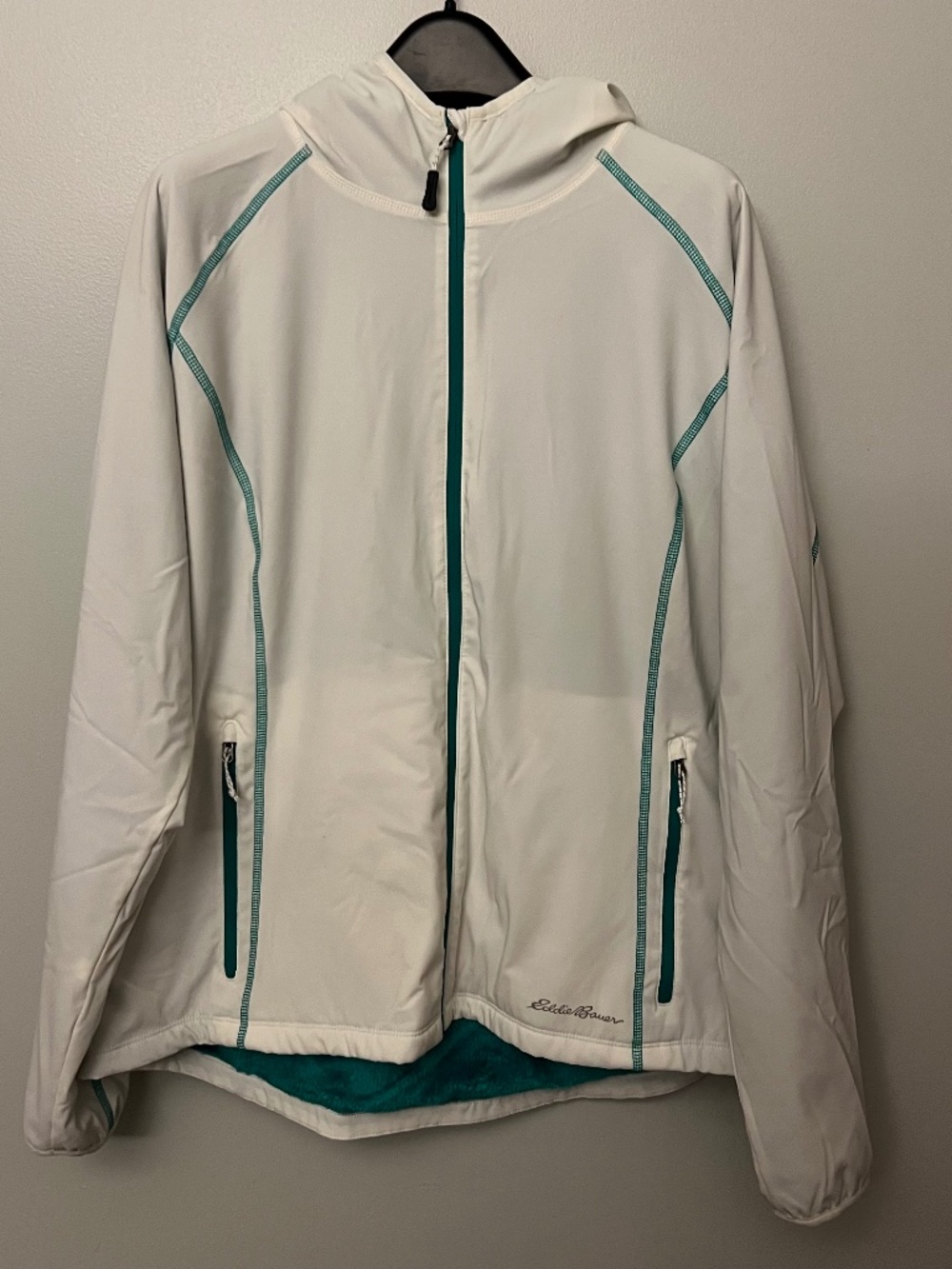 Eddie Bauer Women’s XL White Teal Fleece-Lined Hooded Jacket